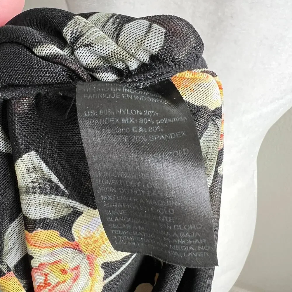 White House Black Market Black Floral Ruched Side Top Women's L Sheer Mesh Layer - Picture 8 of 8